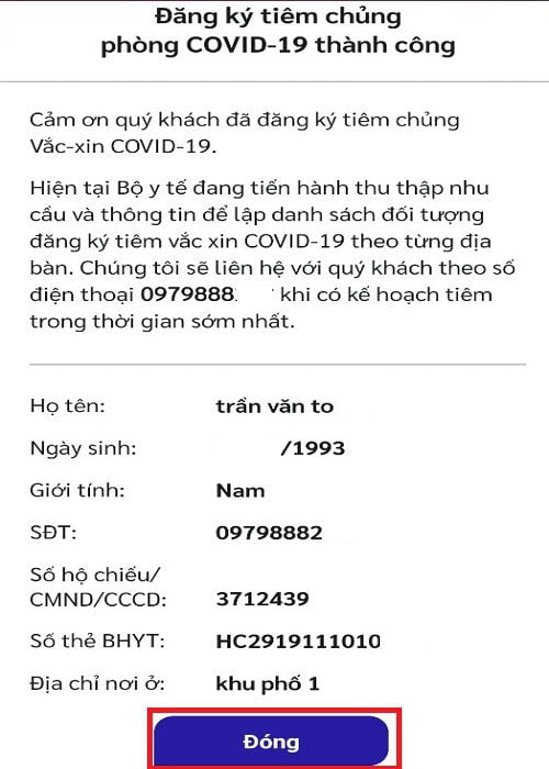 đăng ký tiêm vắc xin Covid-19 thành công