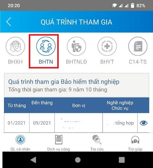 xem quá trình tham gia BHTN