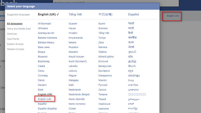 thay đổi ngôn ngữ facebook