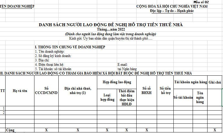 Mẫu số 02 định dạng excel, Danh sách người lao động đề nghị hỗ trợ tiền thuê nhà