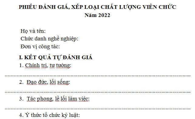 Phiếu đánh giá, xếp loại chất lượng viên chức 2022 ngành BHXH