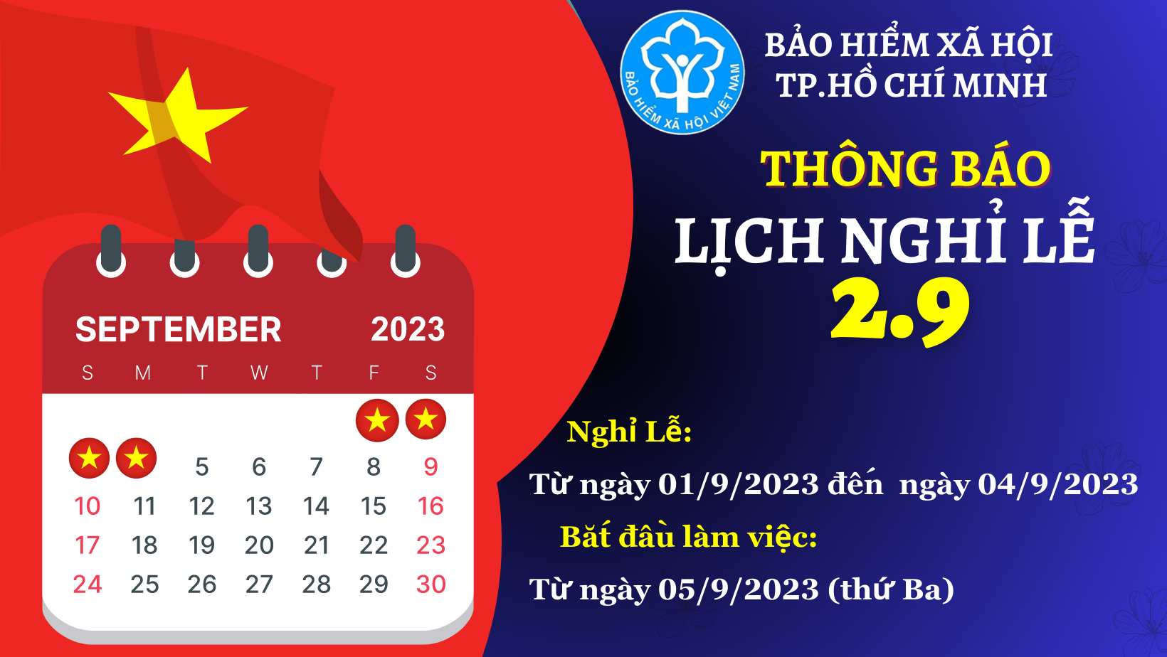 BHXH TP Hồ Chí Minh thông báo lịch nghỉ lễ Quốc khánh 2/9/2023.