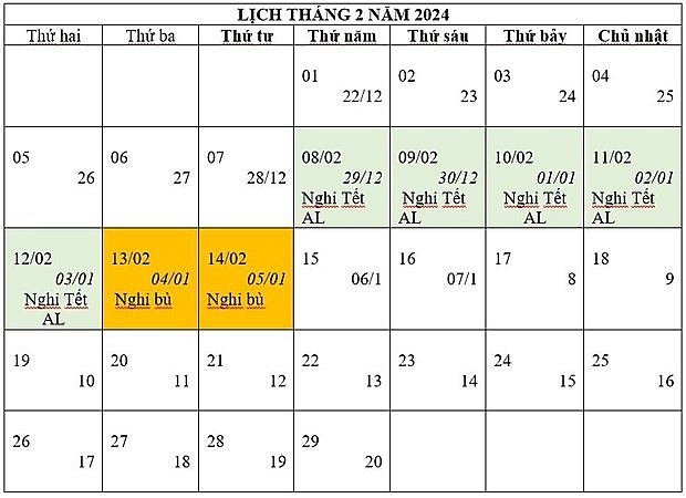 lịch nghỉ tết Nguyên đán 2024 chính thức