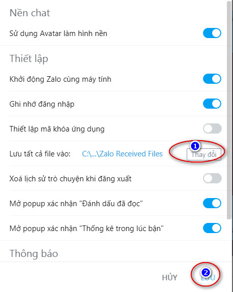 đổi đường dẫn lưu file của Zalo